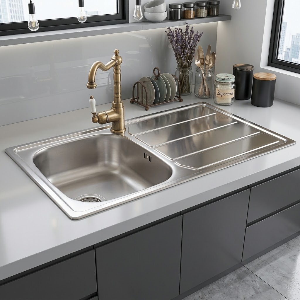 Lavello in acciaio inox con rubinetto in ottone antico su piano di lavoro chiaro in cucina moderna.