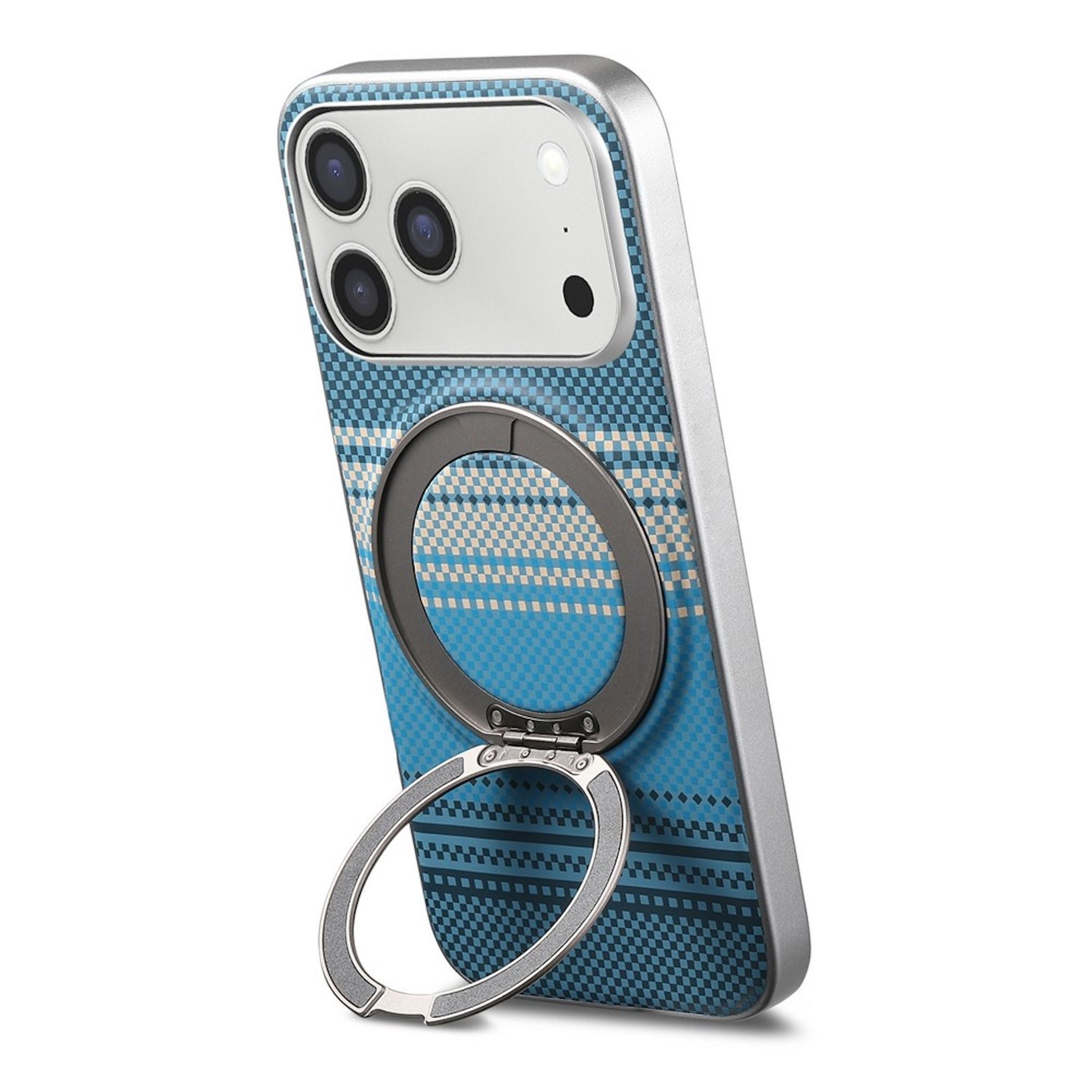 Un smartphone con funda azul estampada y un soporte de anillo metálico circular en la parte trasera.