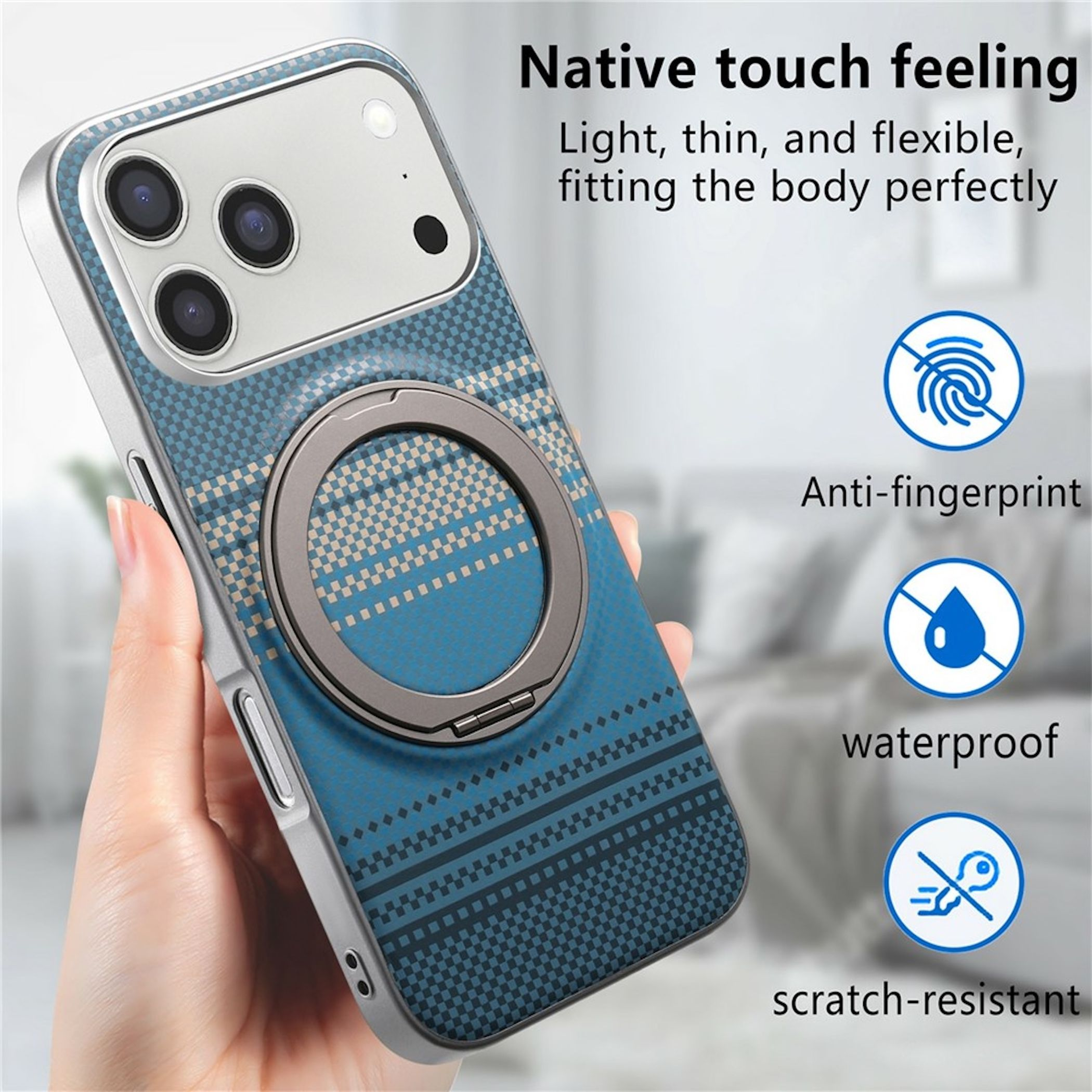 Mano sosteniendo una funda de teléfono azul con anillo metálico e iconos de características a la derecha.