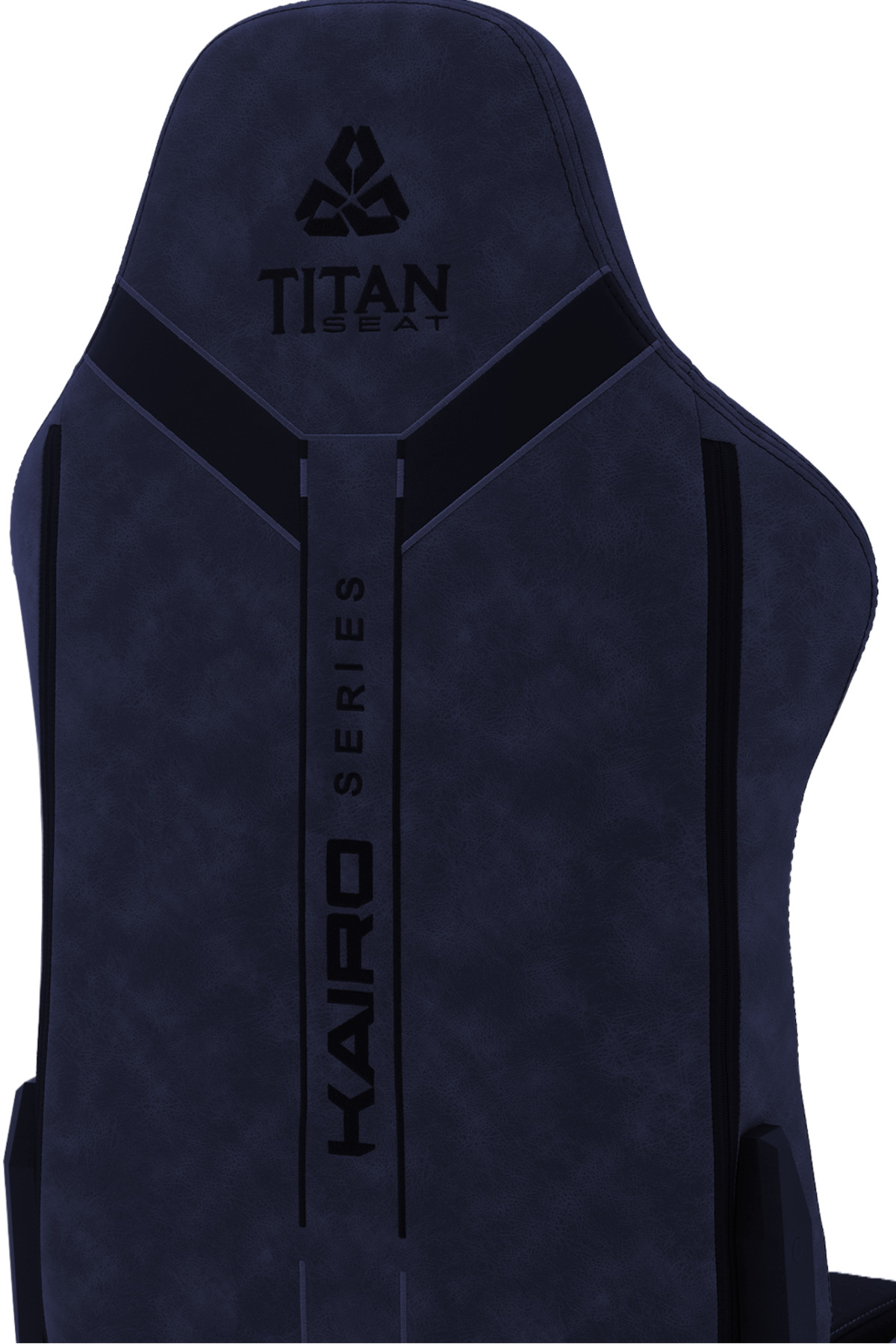 Titan Seat ve Kairo Series yazılı koyu mavi oyuncu koltuğu arkalığı.