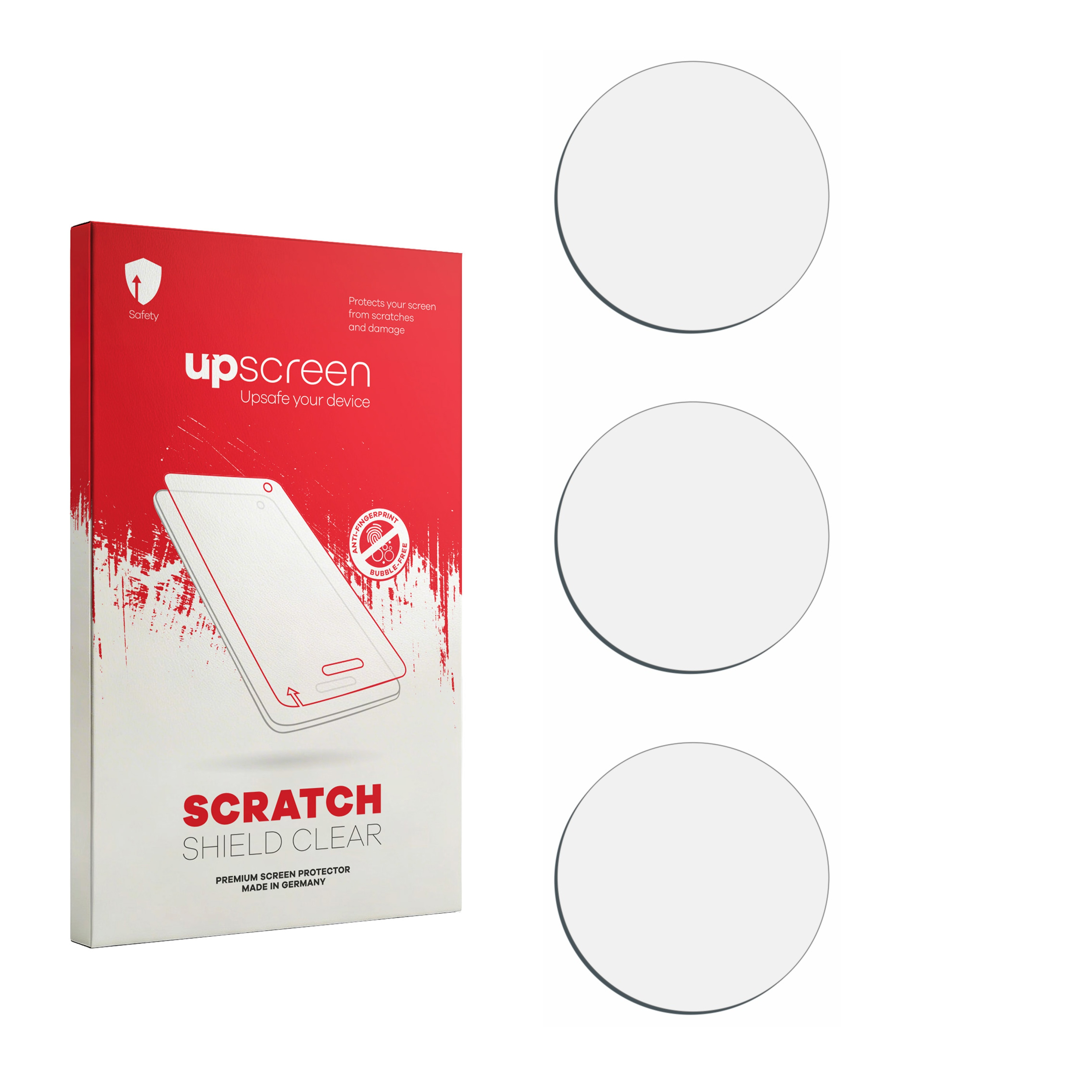 Upscreen Scratch Shield Clear Verpackung mit drei runden Displayschutzfolien auf weißem Hintergrund.