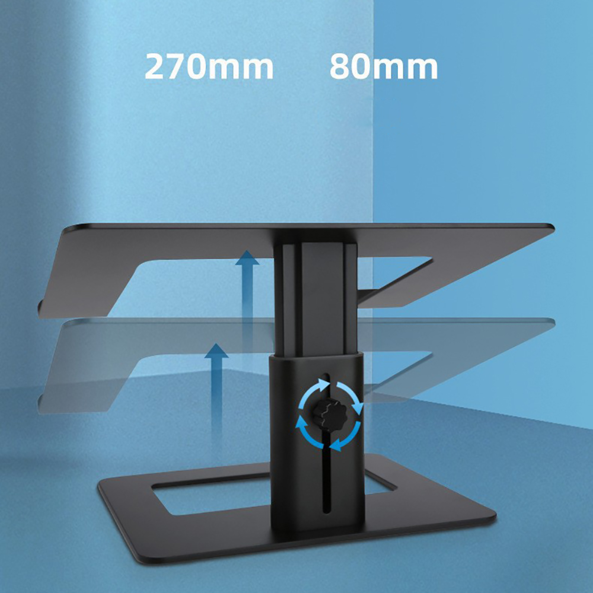 Verstellbarer schwarzer Laptopständer mit blauer Hintergrundbeleuchtung und Maßen 270mm und 80mm.