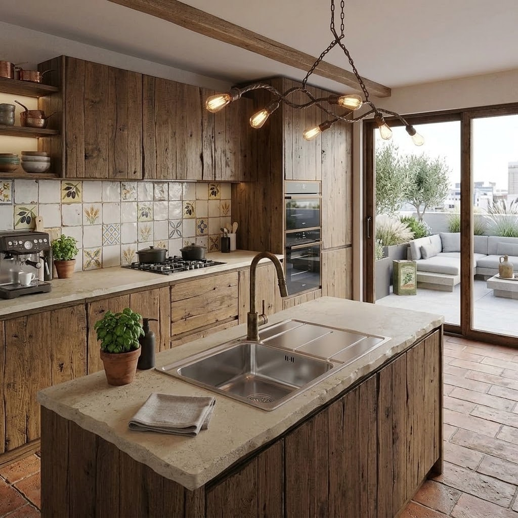 Una cucina rustica con mobili in legno, isola in pietra con lavello, piastrelle decorate e vista sulla terrazza.
