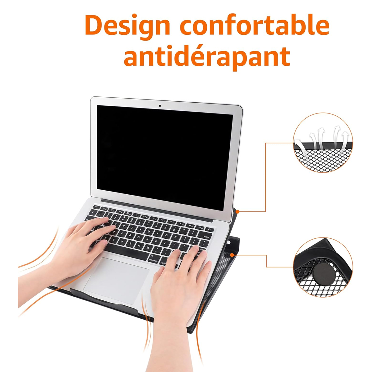 Ein Laptop steht auf einem rutschfesten Ständer mit Händen auf der Tastatur und Detailansichten.