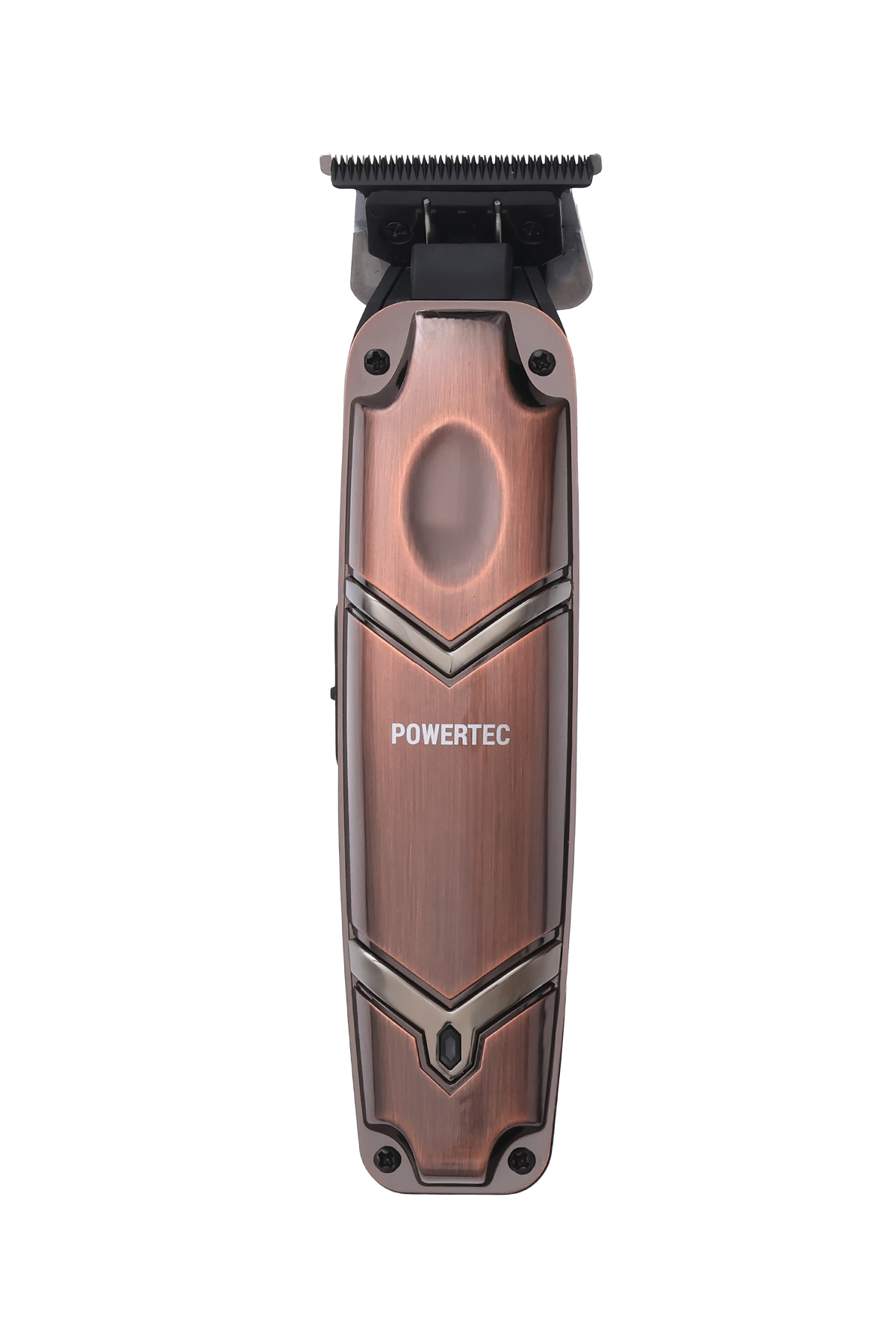 Beyaz zemin üzerinde metalik V desenli bakır renkli Powertec saç sakal kesme makinesi.
