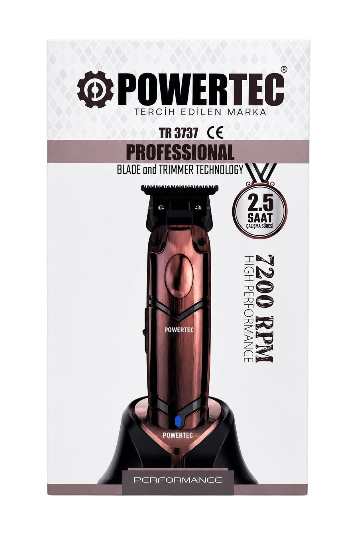 Şarj standında duran pembe altın rengi Powertec TR 3737 saç kesme makinesi kutusu.