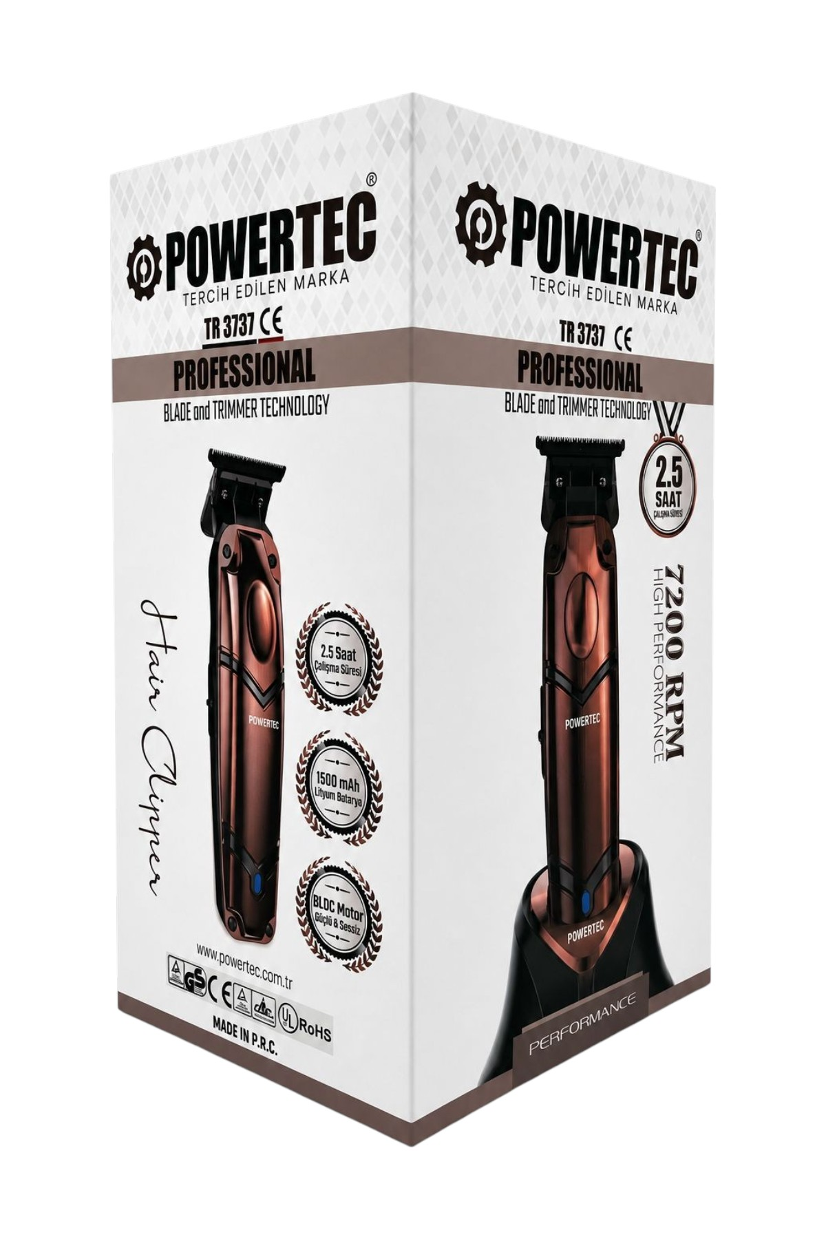 Parlak bakır detaylara sahip Powertec TR 3737 profesyonel saç kesme makinesinin kutusu.