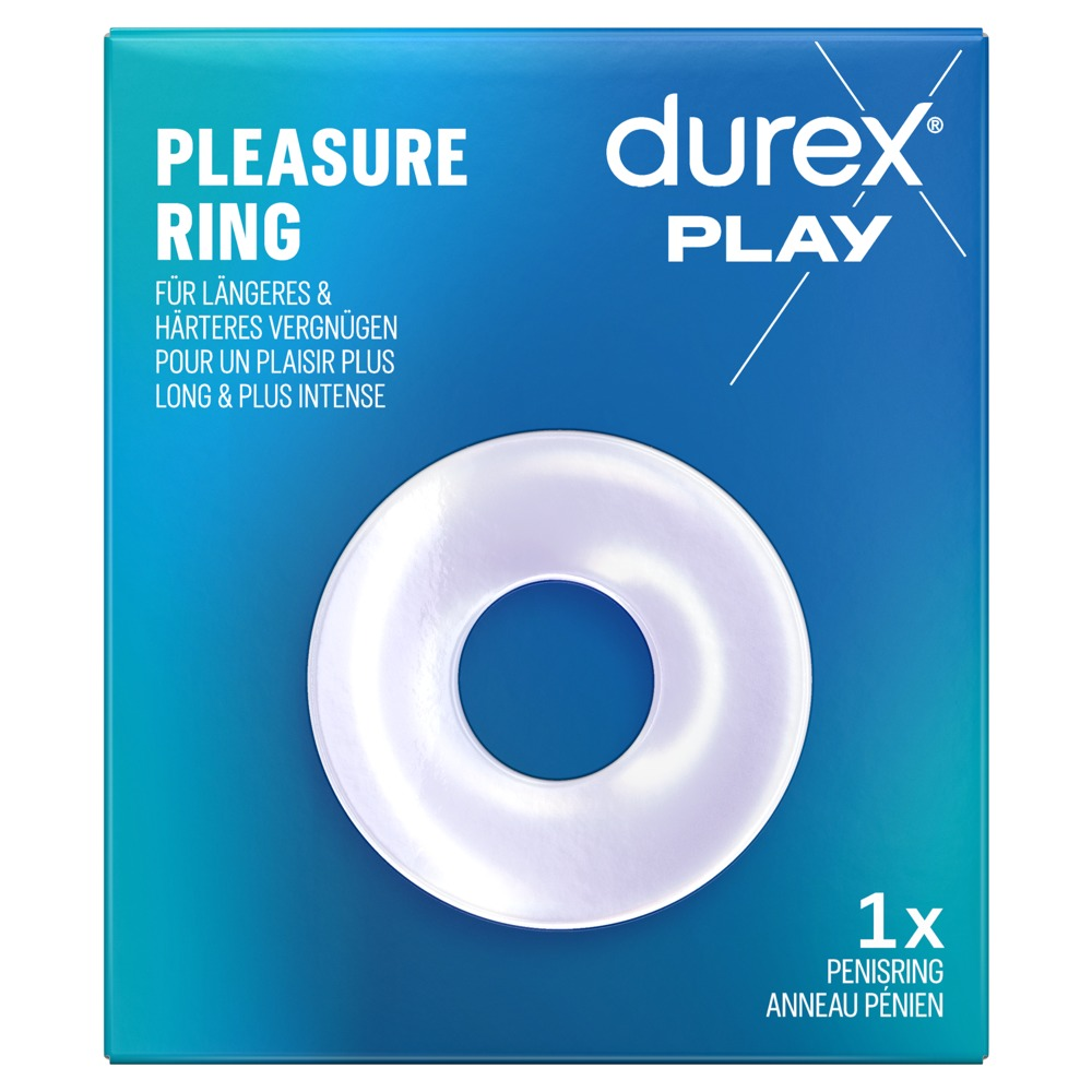 Blaue Durex Play Pleasure Ring Verpackung mit weißem Ring in der Mitte und weißem Text.