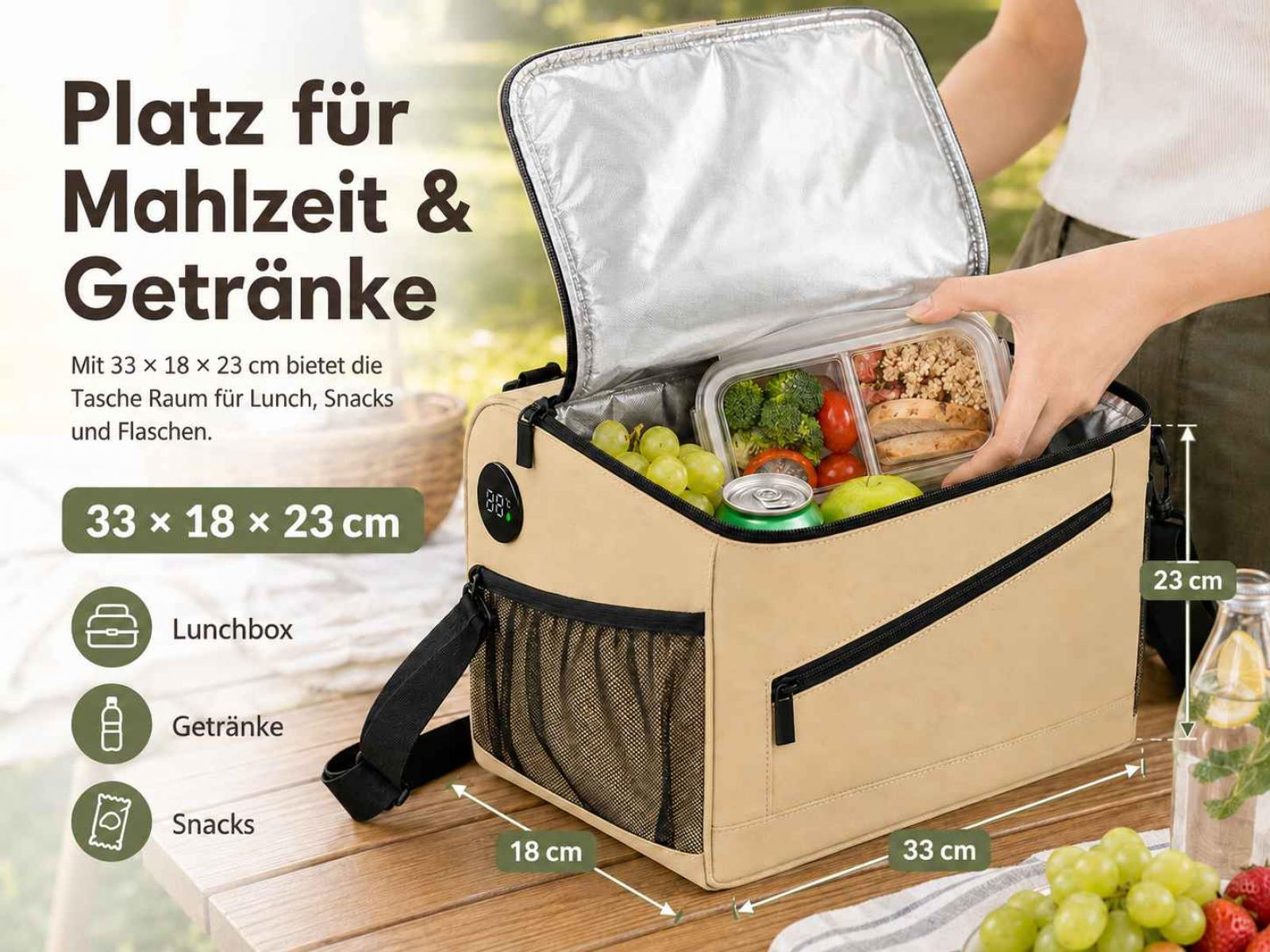 Beige Kühltasche auf Holztisch mit Lebensmitteln, Maßen und deutschem Werbetext.