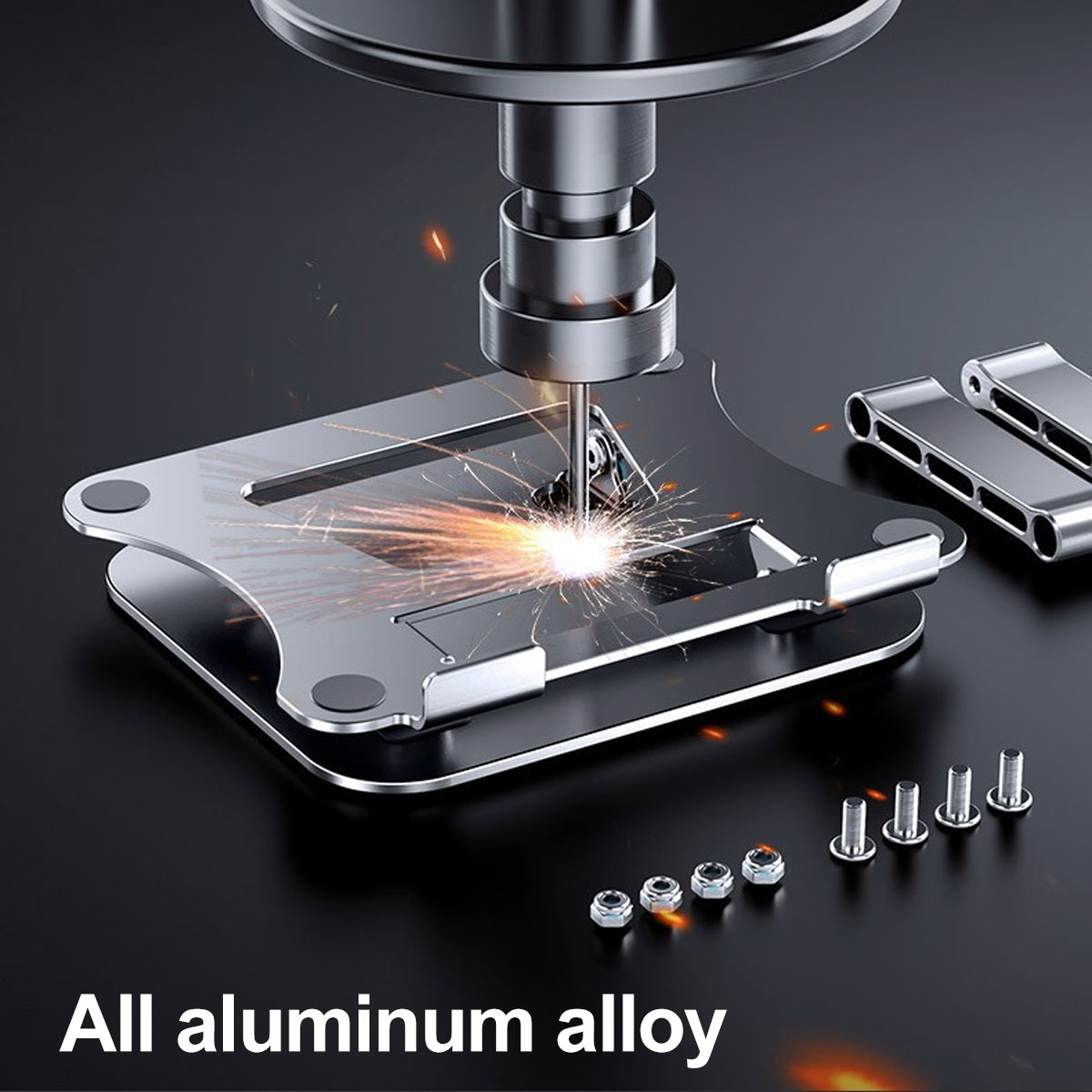 Eine Bohrmaschine schneidet in einen Aluminiumständer und erzeugt helle Funken, mit Schrauben in der Nähe.