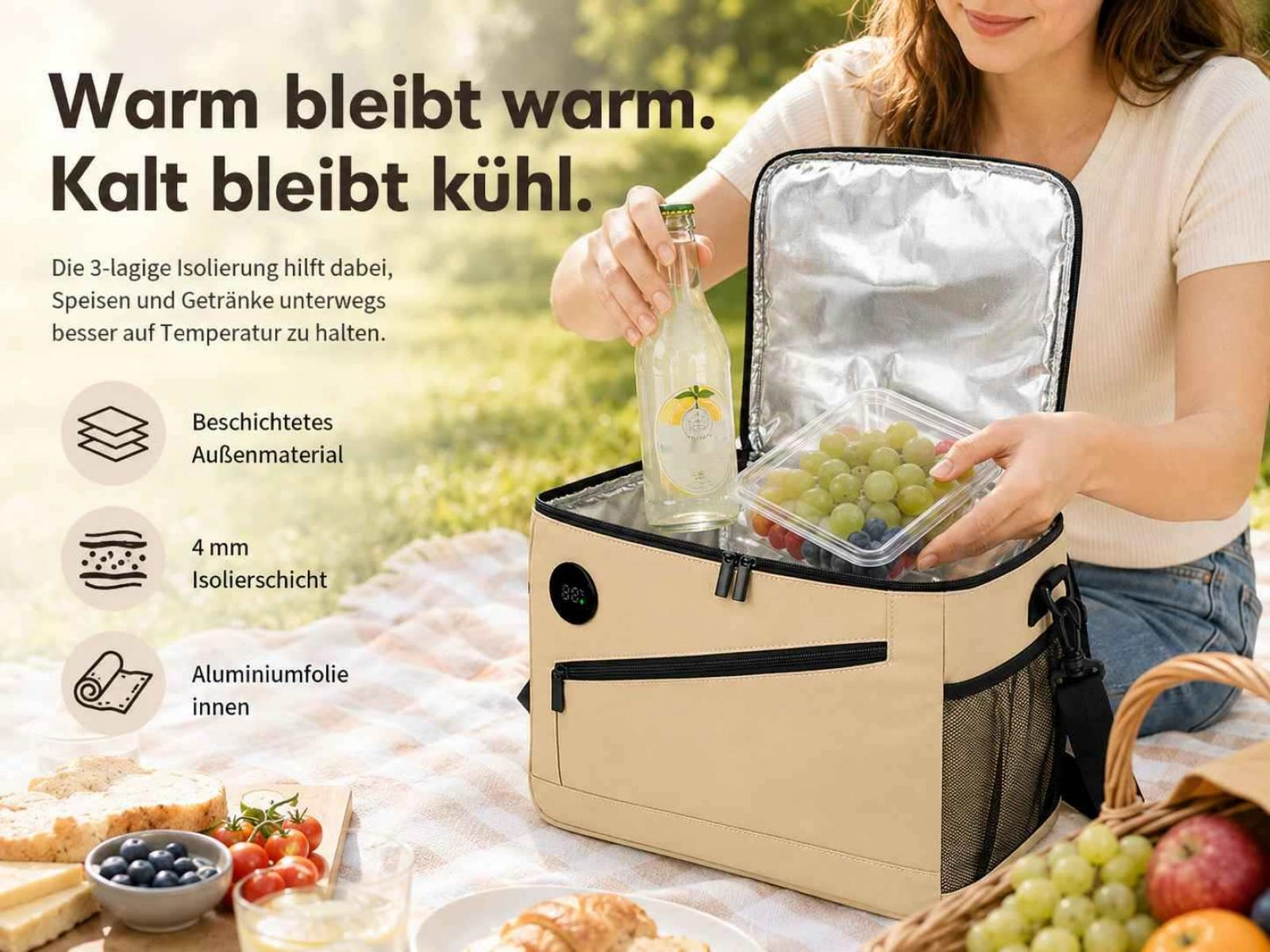 Eine Frau packt Obst und Getraenke in eine beige Kuehltasche, waehrend im Hintergrund Text steht.