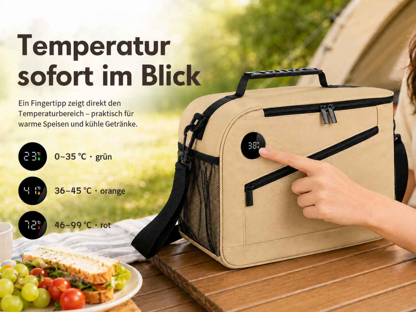Eine beige Kühltasche mit digitaler Temperaturanzeige steht auf einem Holztisch, daneben liegt Essen.