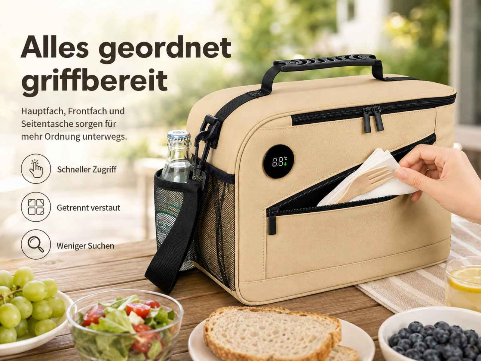 Beige Kühltasche auf einem Tisch mit Lebensmitteln, Text und Symbolen.
