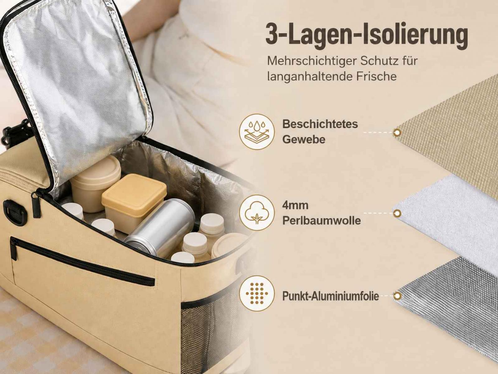 Eine offene Lunchtasche mit Behältern, zeigt die dreilagige Isolierung und deren Materialschichten.