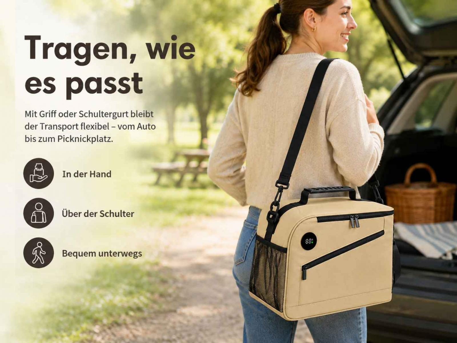Eine Frau trägt eine beige Kühltasche mit Schultergurt an einem Auto im Freien.