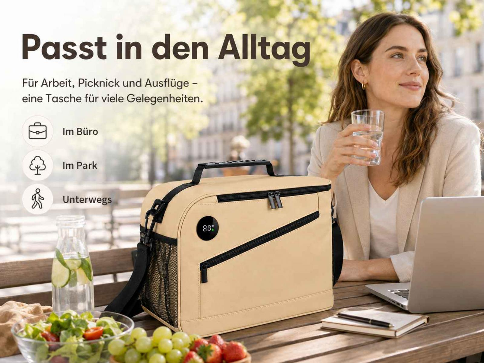 Eine beige Kühltasche steht auf einem Tisch neben einer Frau mit Wasserglas und Laptop im Freien.