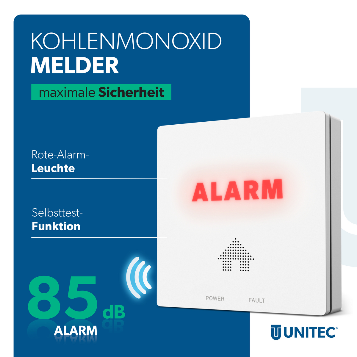 Ein weißer Kohlenmonoxidmelder mit rotem Alarmschriftzug und 85 dB Lautstärkeanzeige.