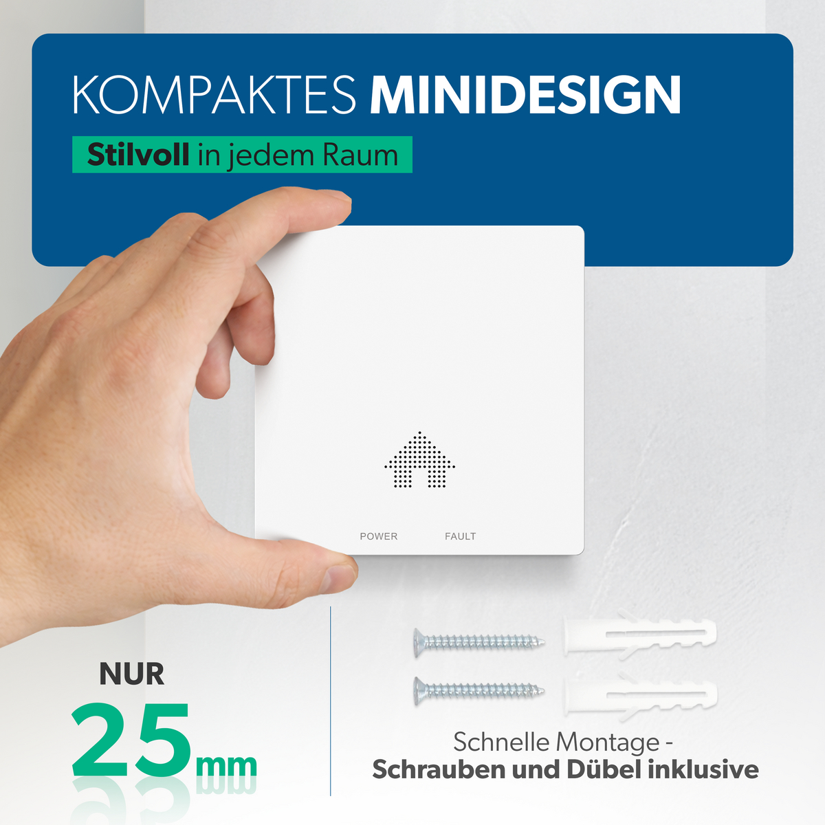 Hand hält einen weißen Mini-Smarthome-Sensor mit Text '25 mm' und enthaltenen Schrauben.