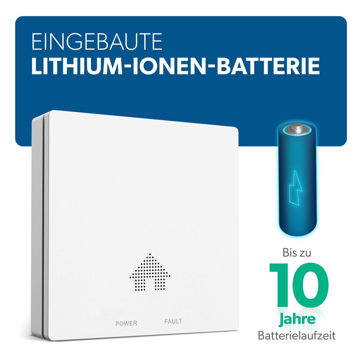 Werbebild für Lithium-Ionen-Batterie mit weißem Gehäuse, blauer Batterie-Grafik und Text für 10 Jahre Laufzeit.