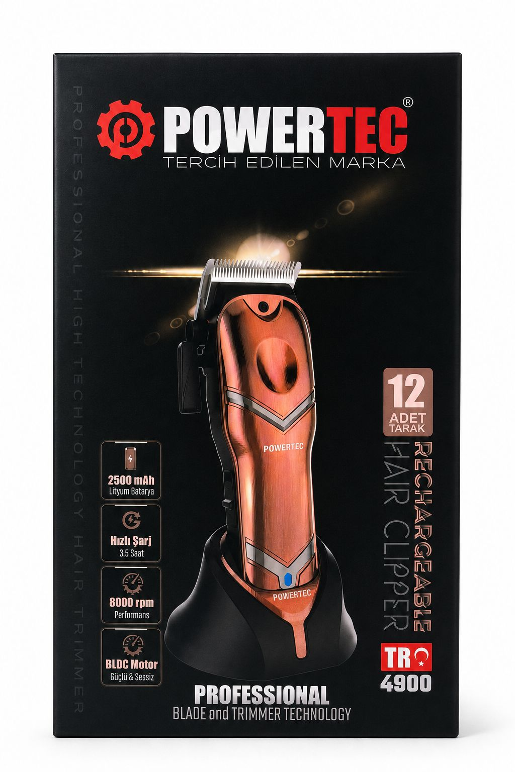 Şarj standında altın renkli makine gösteren siyah ambalajlı Powertec saç kesme makinesi.