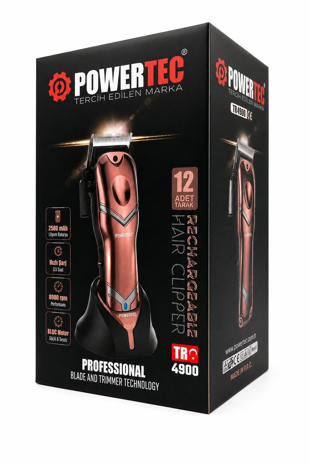 Şarj stantlı pembe altın renkli Powertec TR 4900 saç kesme makinesinin siyah kutusu.