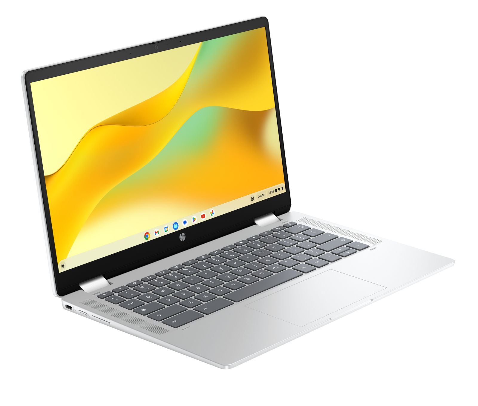 Ein silberner Laptop mit gelbem Bildschirm auf weißem Hintergrund.
