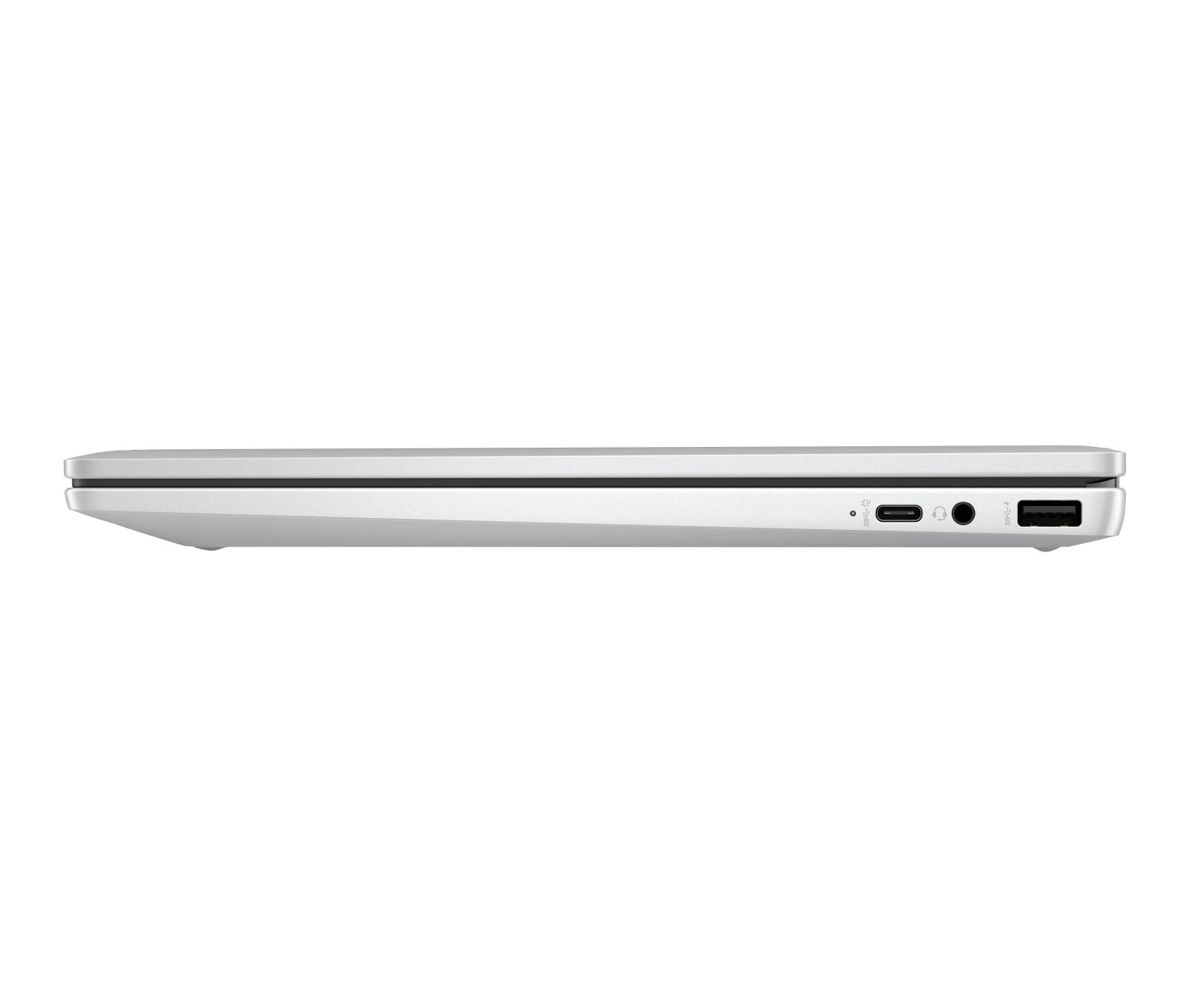 Seitenansicht eines silbernen Laptops mit USB-C-, Audio- und USB-Anschlüssen auf weißem Hintergrund.