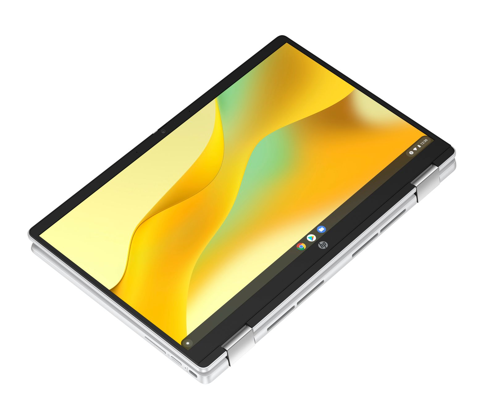 Ein silberner Laptop im Tablet-Modus zeigt einen bunten, abstrakten gelb-grünen Bildschirm auf weißem Hintergrund.