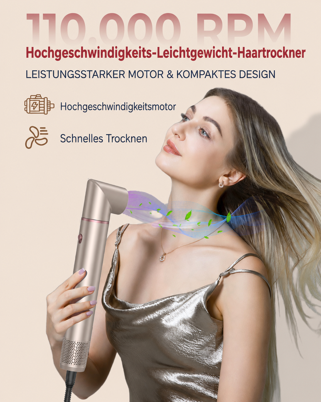 Eine Frau hält einen goldenen Haartrockner, der Luft auf ihr blondes Haar bläst, mit deutschem Werbetext.