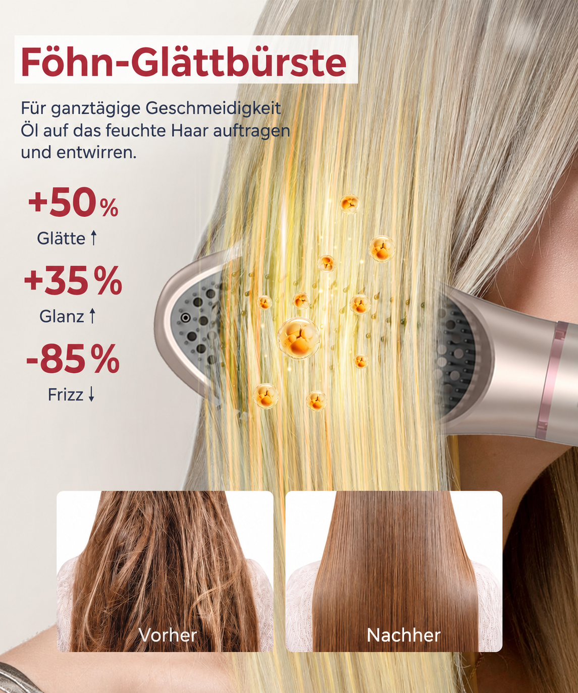 Werbung für Haarglättungsbürste mit Vorher-Nachher-Vergleich und Text.