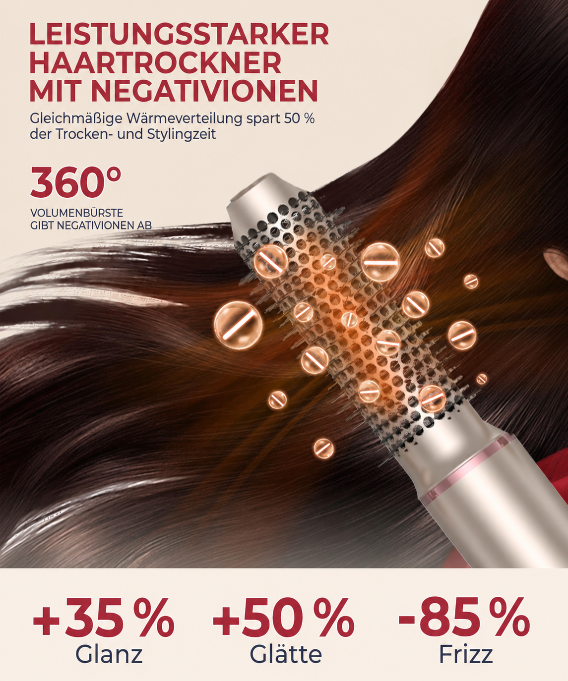 Eine Warmluftbürste stylt braunes Haar mit leuchtenden Negativionen-Symbolen und Werbetext.