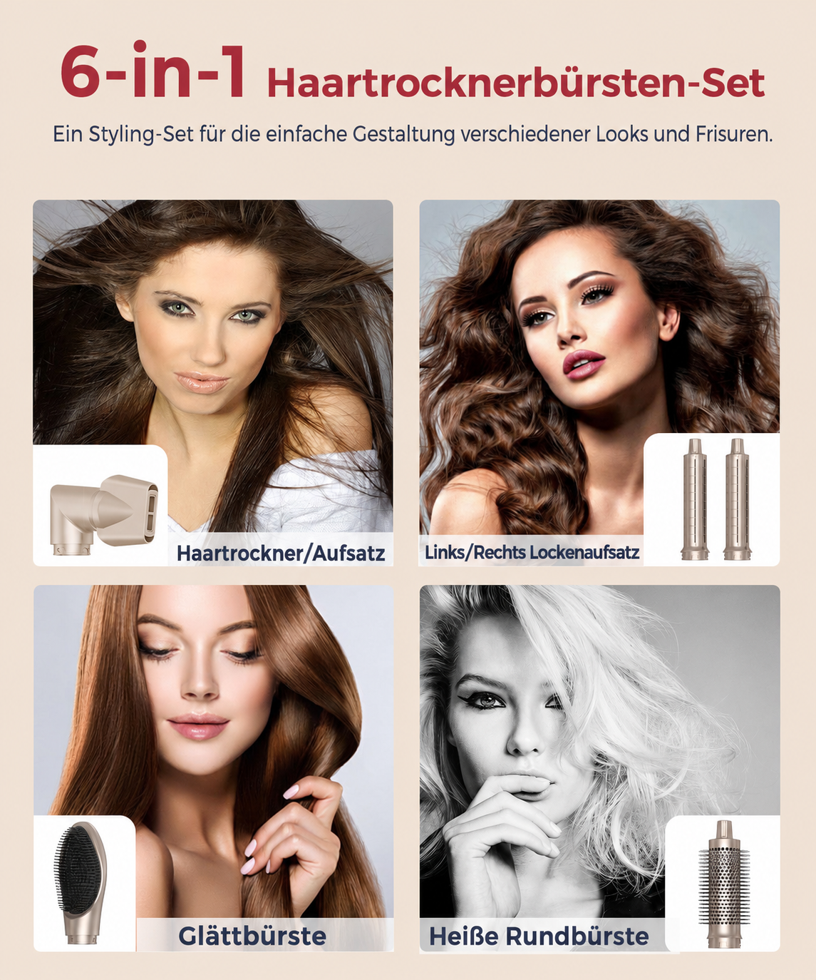 6-in-1 Haartrocknerbürsten-Set mit vier verschiedenen Frisuren und passenden Aufsätzen.