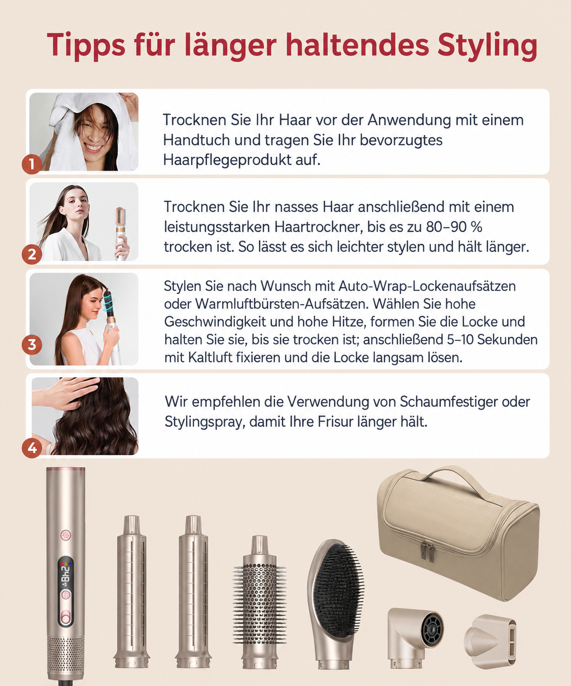 Infografik mit Haartipps für einen Multistyler, Aufsätzen und einer Aufbewahrungstasche.