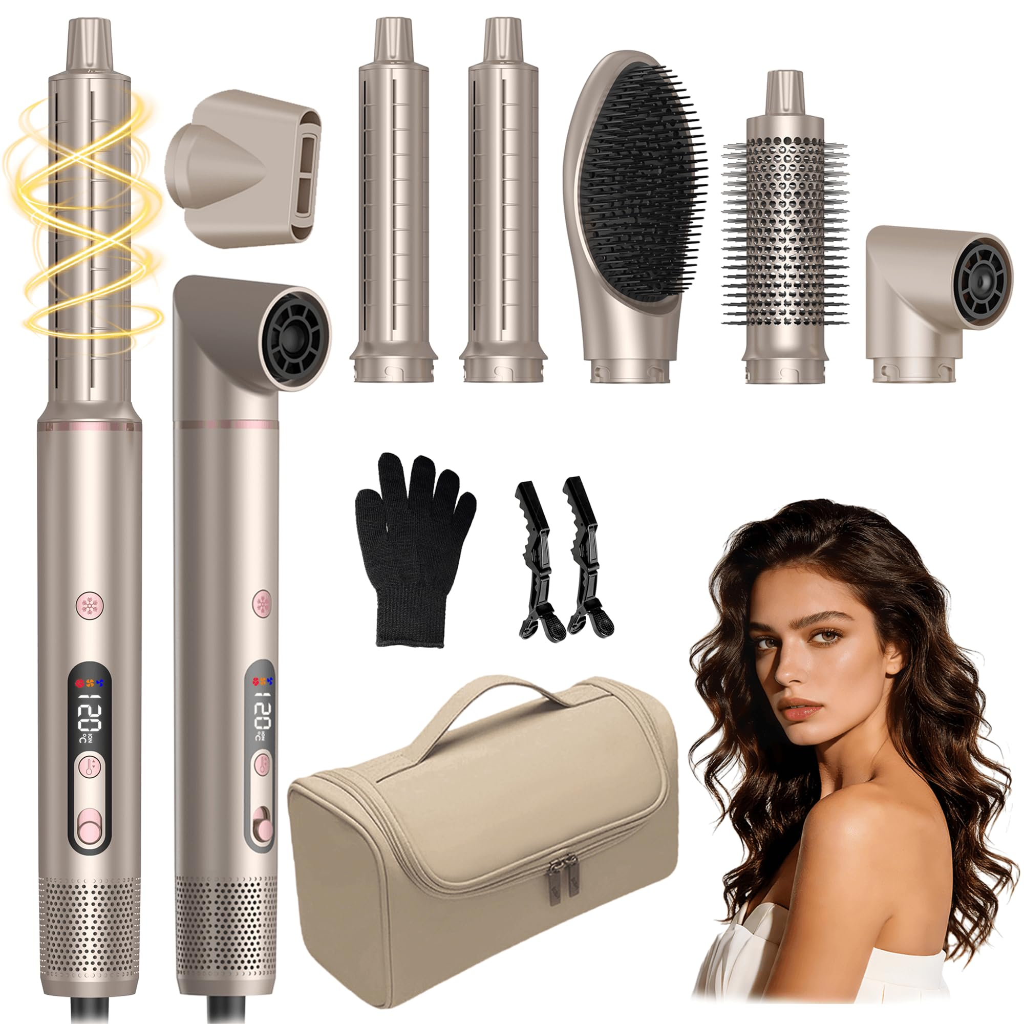 Goldenes Multifunktions-Haarstyler-Set mit verschiedenen Aufsätzen, Handschuh, Clips, Tasche und Frau mit gelocktem Haar.