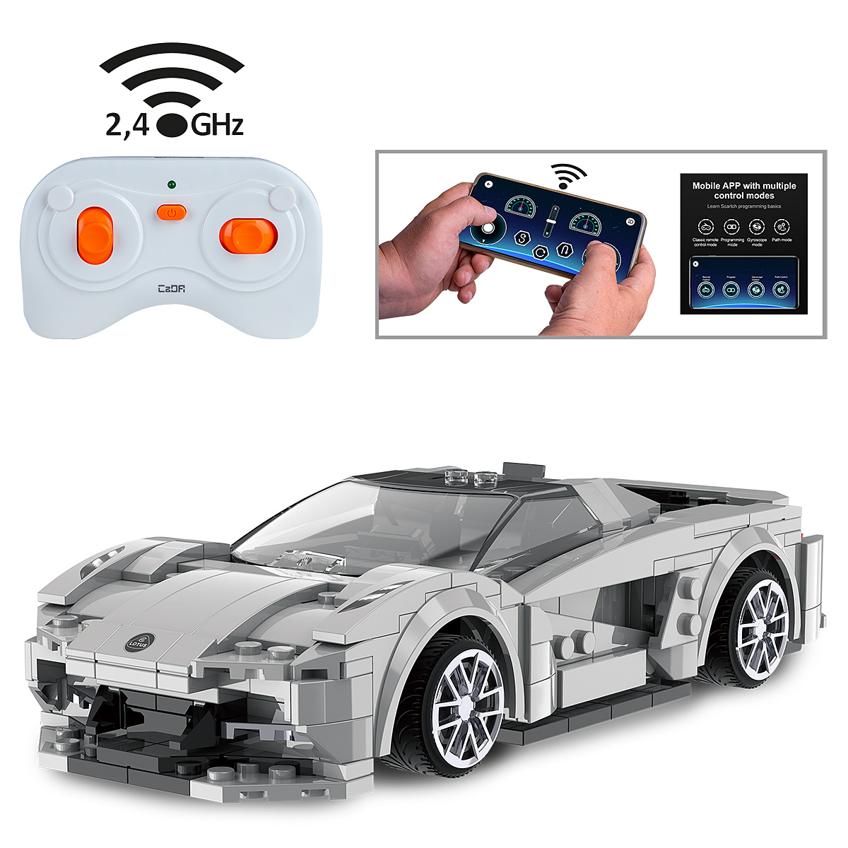 Ein grauer Modell-Sportwagen aus Klemmbausteinen mit Fernbedienung und Smartphone-Steuerung.