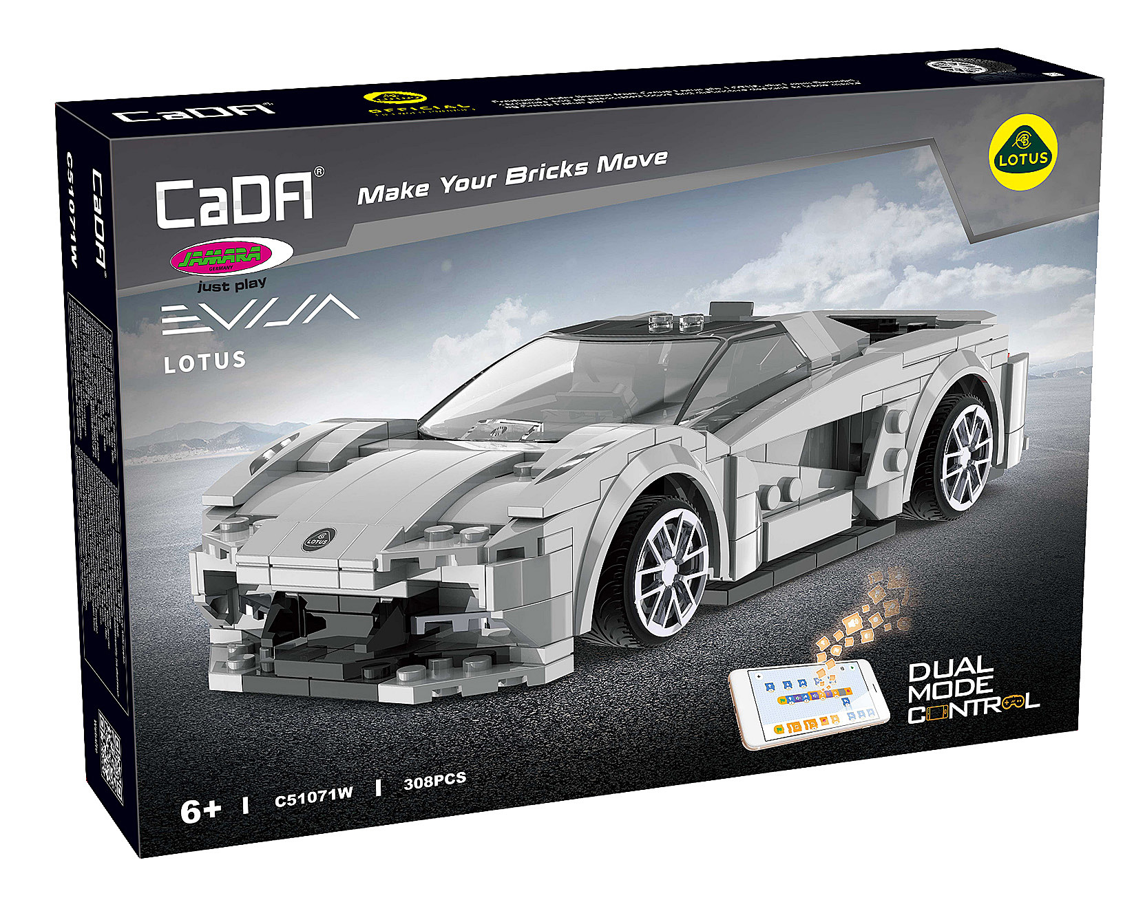 CaDA Lotus Evija Bausteine-Spielzeugset mit grauem Sportwagen, Dual-Modus-Steuerung und 308 Teilen.