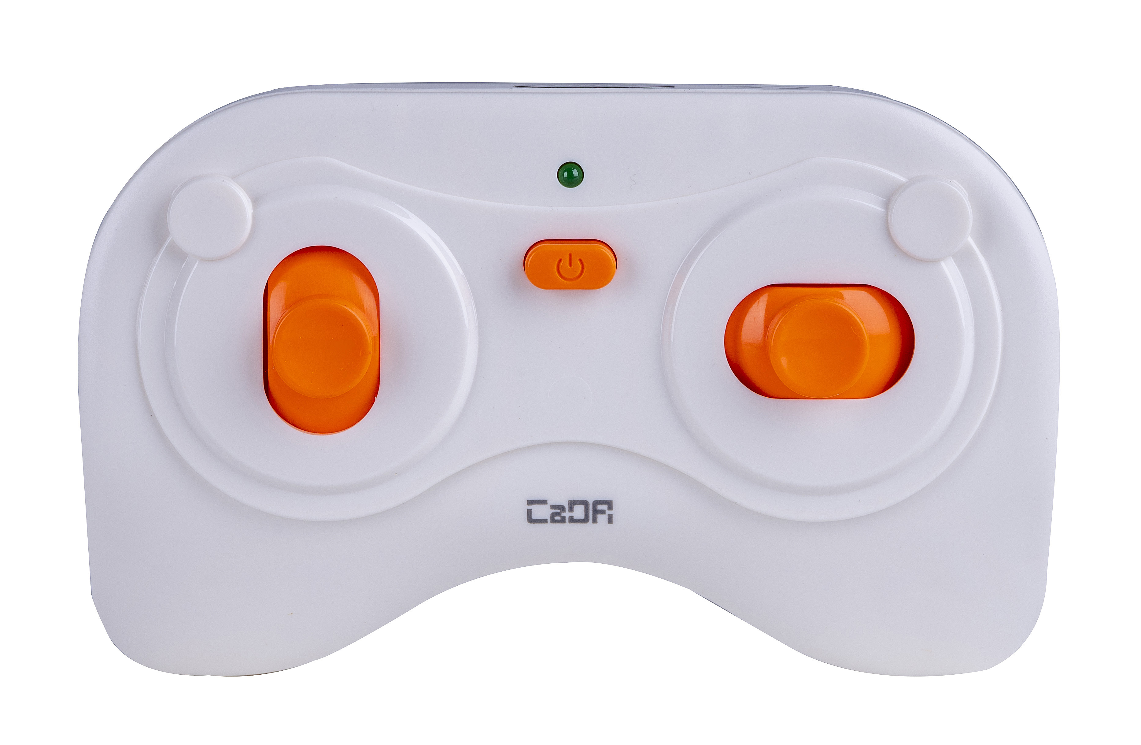 Weiß-orangefarbene Spielzeug-Fernbedienung mit zwei Joysticks, einem Ein-Aus-Schalter und einer grünen Kontrollleuchte.