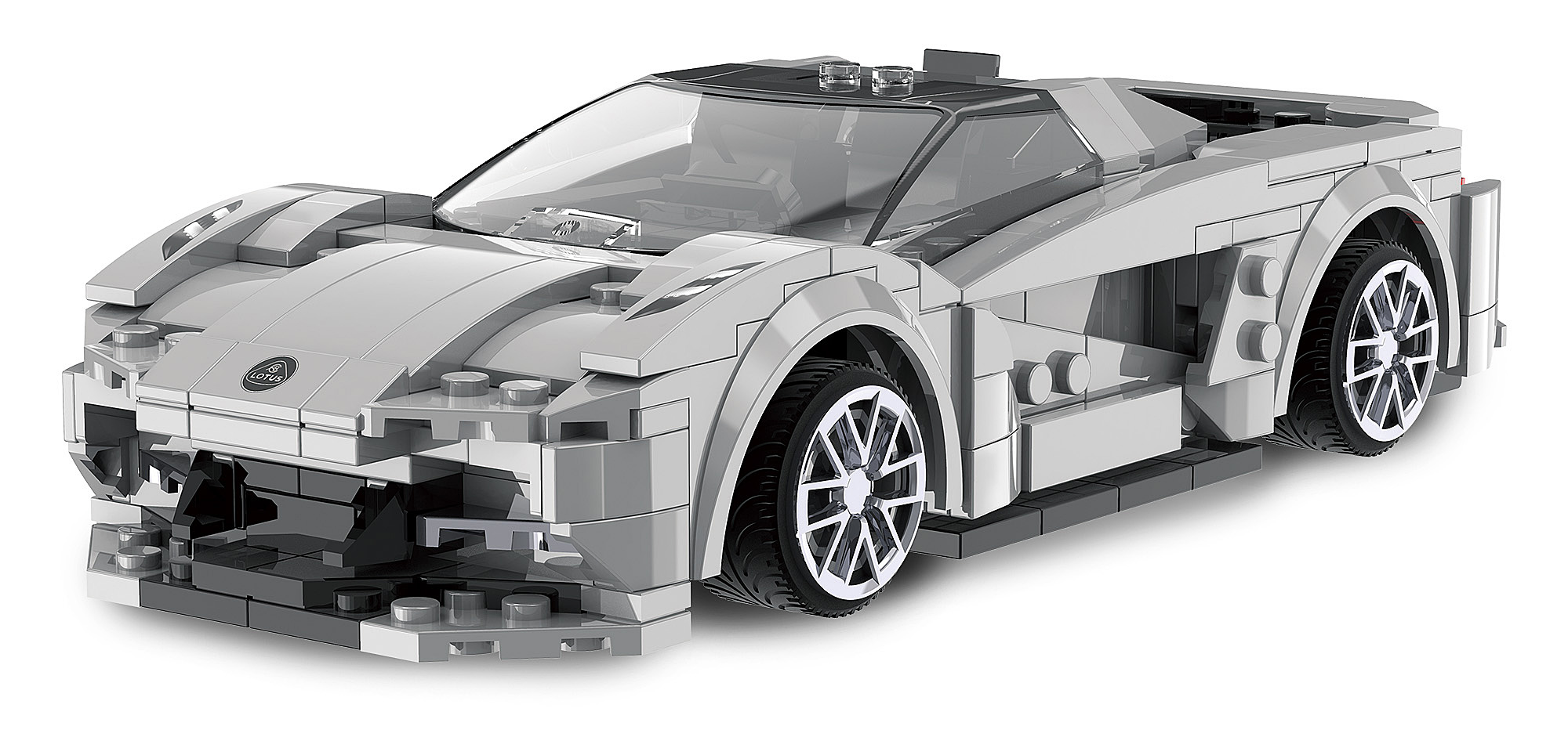 Ein detailliertes graues Spielzeugauto aus Klemmbausteinen auf einem weißen Hintergrund.