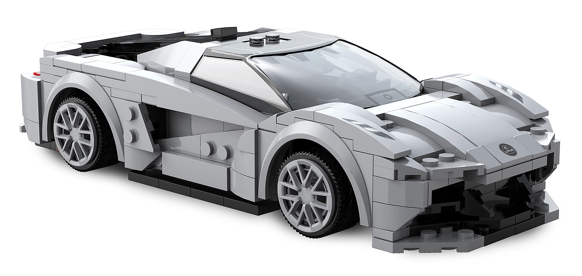 Ein graues Sportauto aus Lego-Steinen auf weißem Hintergrund mit detailreichen Feldern.