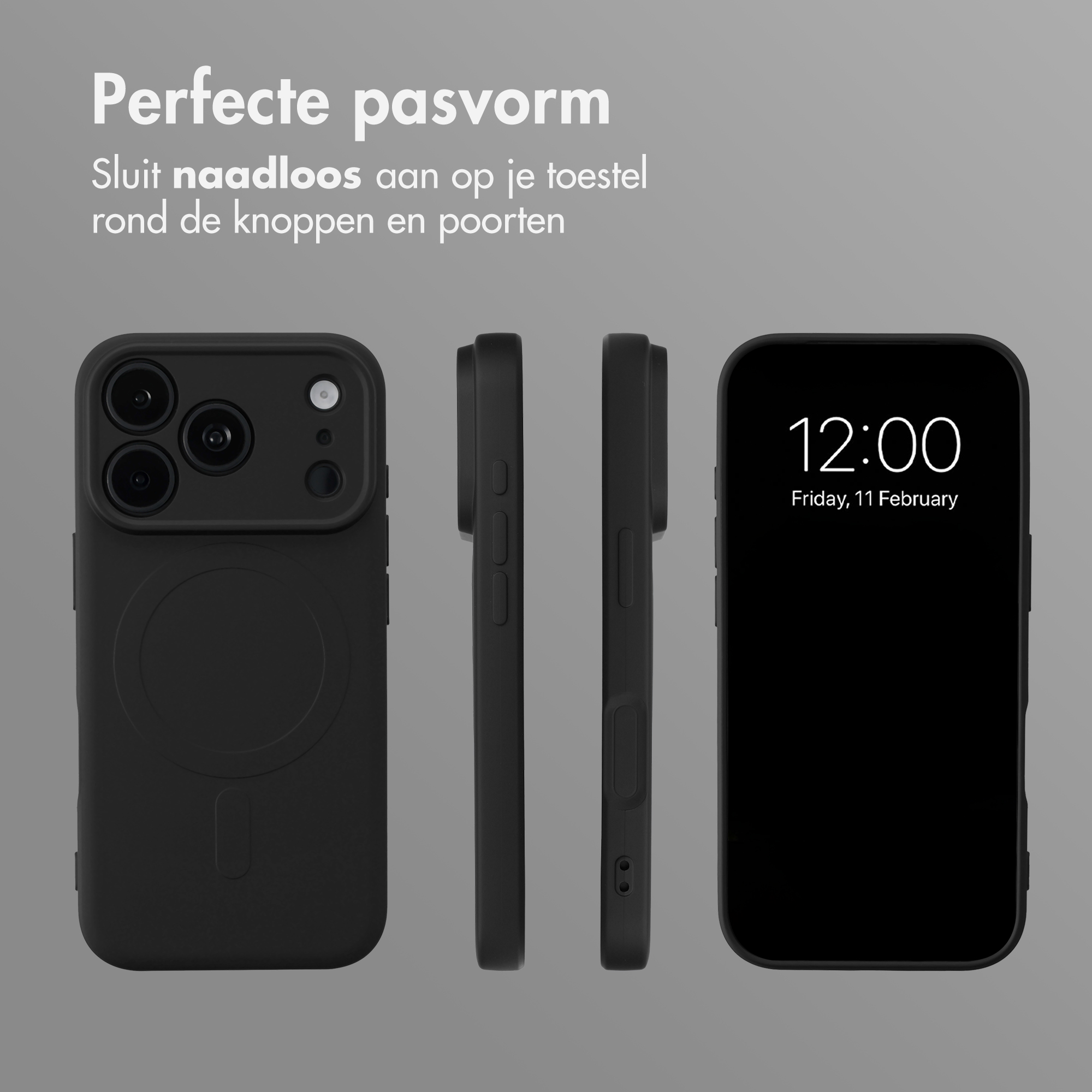 Black smartphone case from multiple angles with screen and Dutch text.