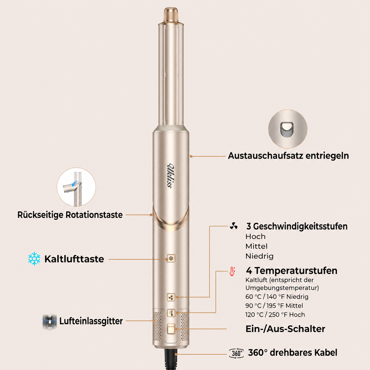 Goldener Airstyler mit Knöpfen und Beschriftungen in Deutsch auf beigem Hintergrund.