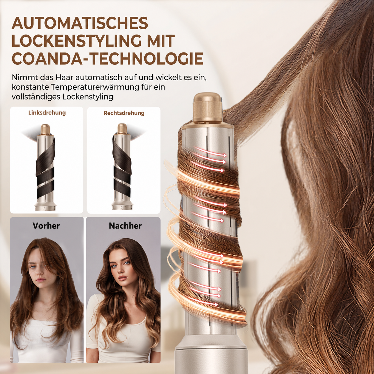 Automatische Haarstyling-Werbung mit Coanda-Technologie, zeigt Haare, die sich um einen Lockenstab wickeln.