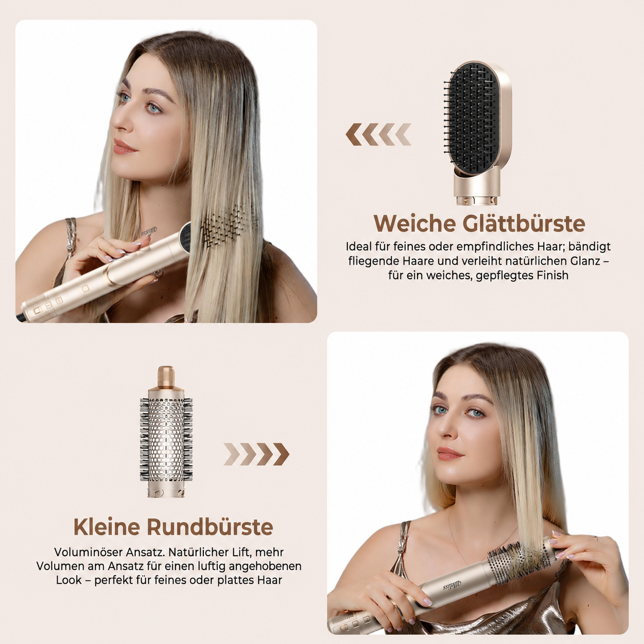 Frau verwendet einen goldenen Styler mit verschiedenen Aufsätzen für glattes Haar oder Volumen.