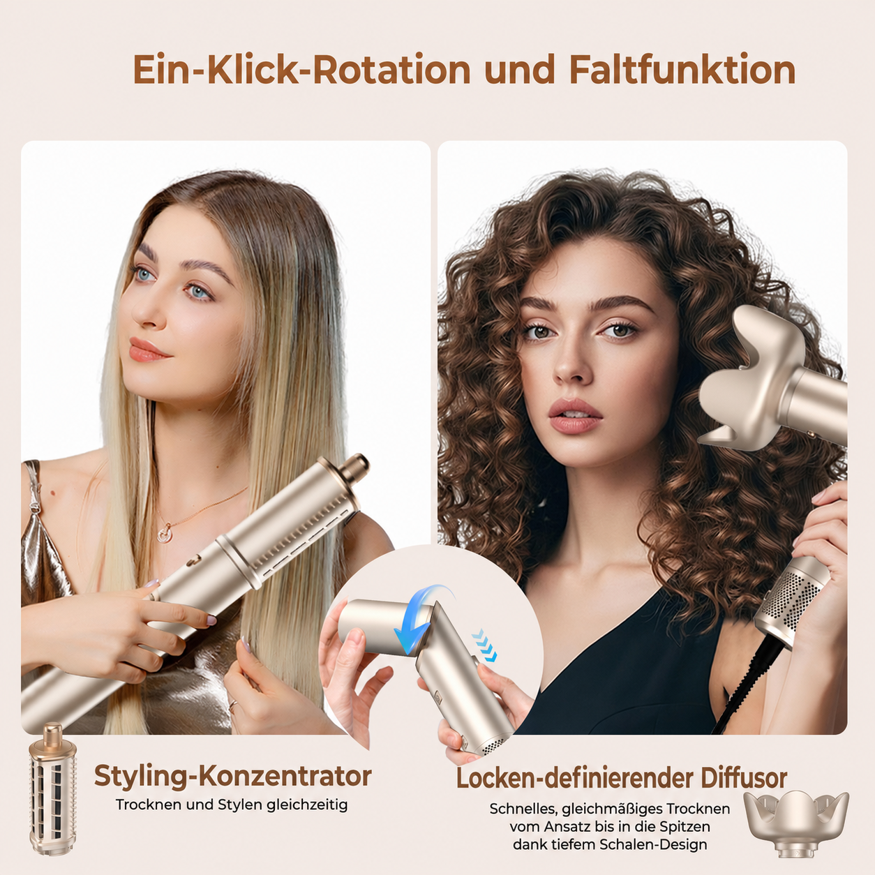 Zwei Frauen nutzen einen faltbaren Gold-Haarstyler und -diffusor für glattes und lockiges Haar.