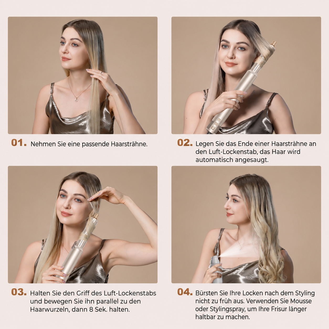 Vier Schritte zur Haarlokkenanwendung: Strähne nehmen, ansetzen, halten und mit Mousse fixieren.
