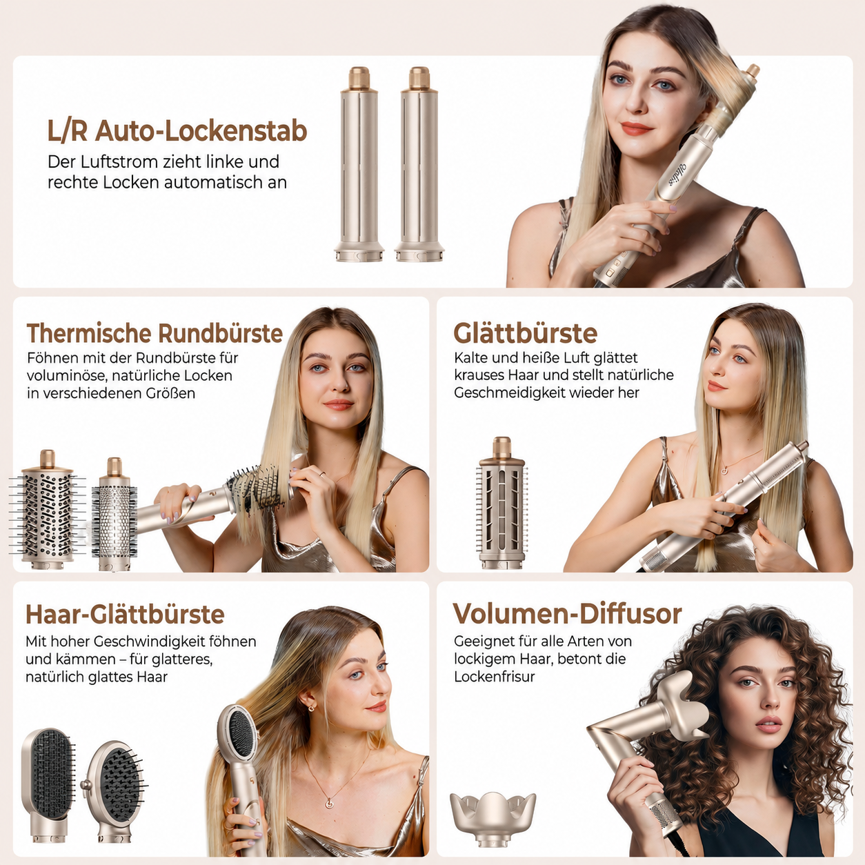 Verschiedene Aufsätze für einen Haarstyler mit Modellen und Anleitungen auf Deutsch.