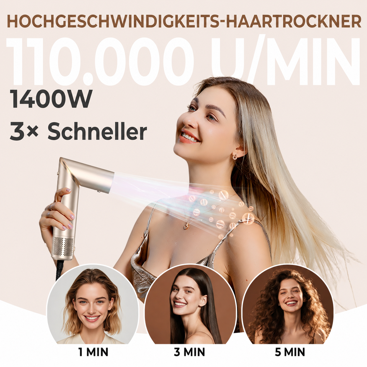 Eine Frau hält einen goldenen Haartrockner, umgeben von Werbetext und drei kreisrunden Bildern verschiedener Frisuren.