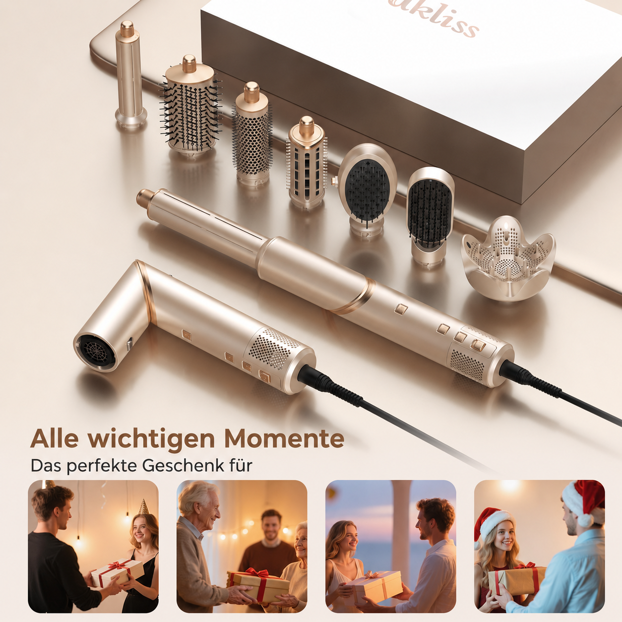 Goldenes Haarstyling-Set mit verschiedenen Aufsätzen und Geschenkbox sowie vier Bildern von Geschenkszenen.
