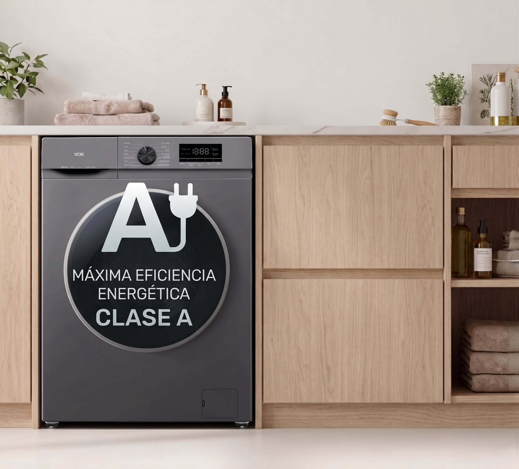 Lavadora gris en cocina de madera con clase de eficiencia energética A.