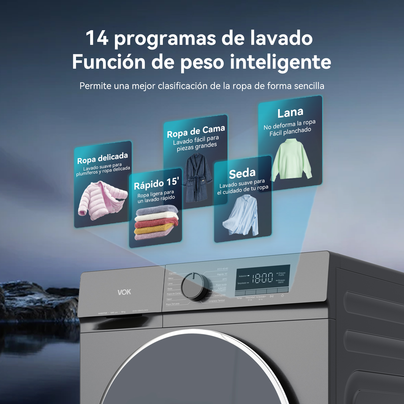 Lavadora con sistema de peso inteligente y varios programas de lavado para diferentes tejidos.